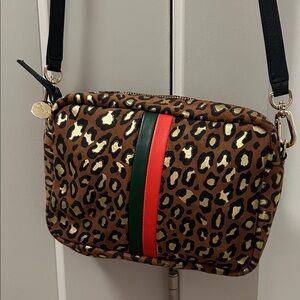 Clare V suede leopard print crossbody Midi Sac bag with red and green stripes